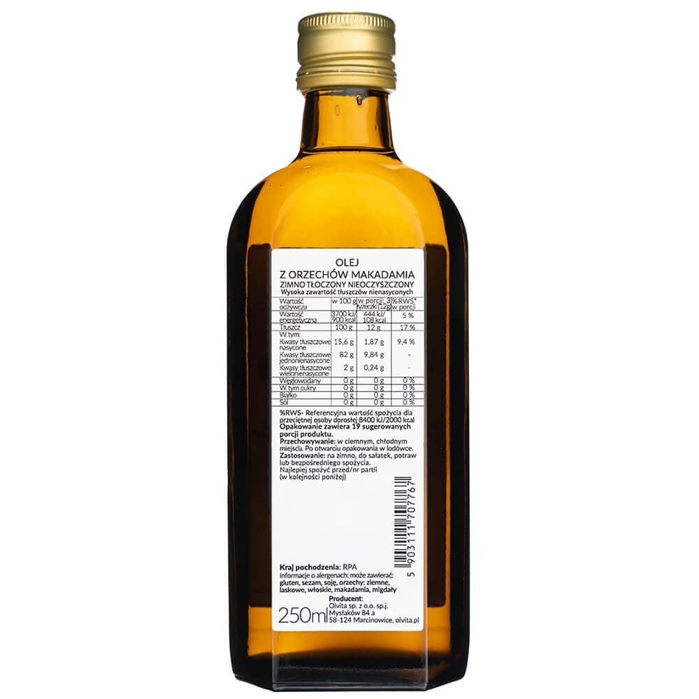 Olvita Cold-Pressed Macadamia Oil Unpurified - 250 ml